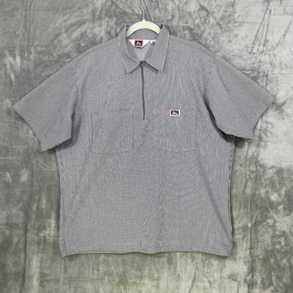 Ben Davis Striped Work Zip Up Shirt Men's XL Short Sleeved Blue Workwear 90's